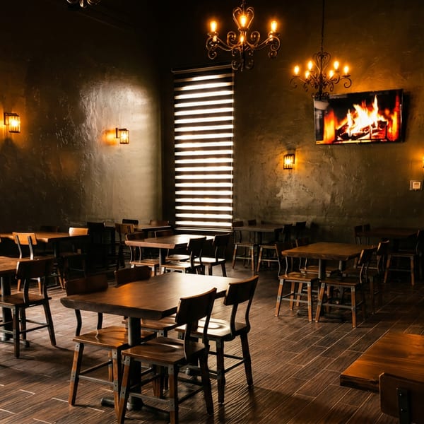 Dark, rustic restaurant interior with wooden tables, chairs, chandeliers, and a TV displaying a fireplace.