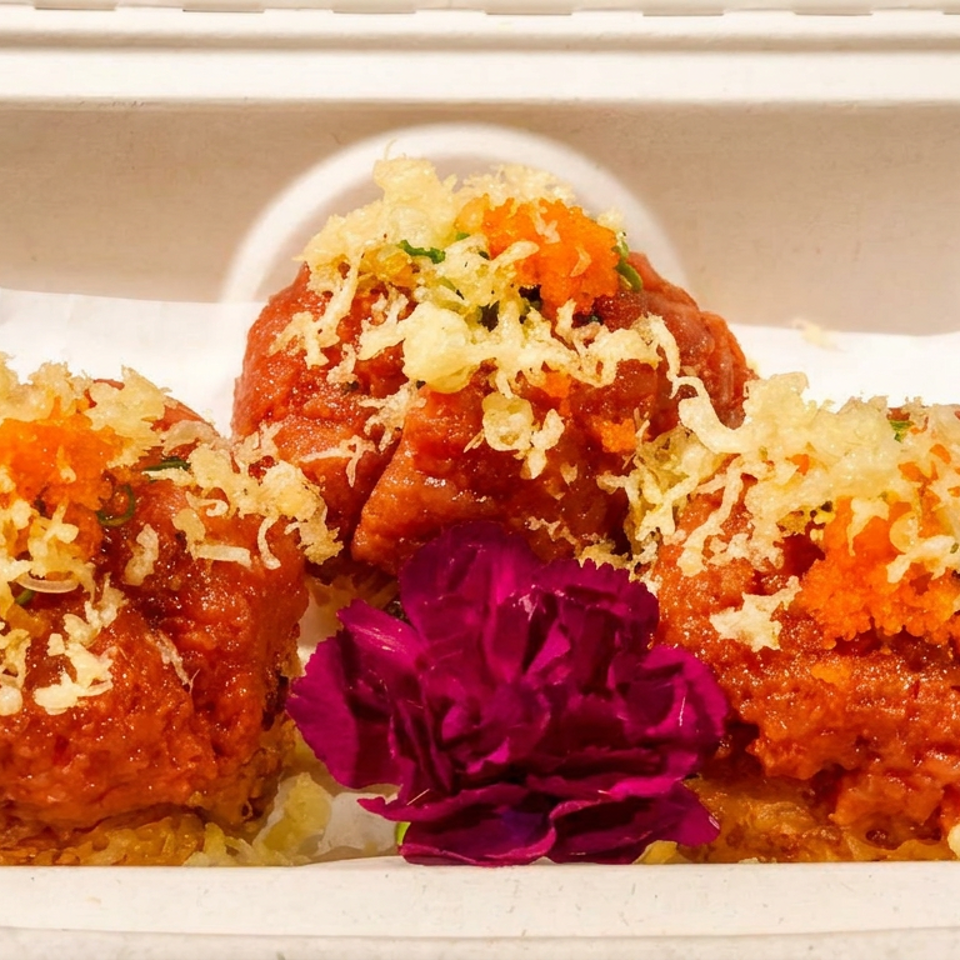 Three spicy tuna crispy rice appetizers topped with tempura flakes and roe, garnished with a purple flower.